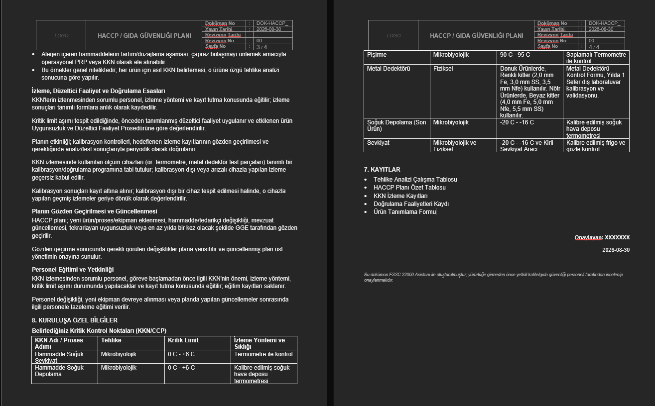 Oluşturulan HACCP planının kritik kontrol noktaları ve kayıtlar bölümleri